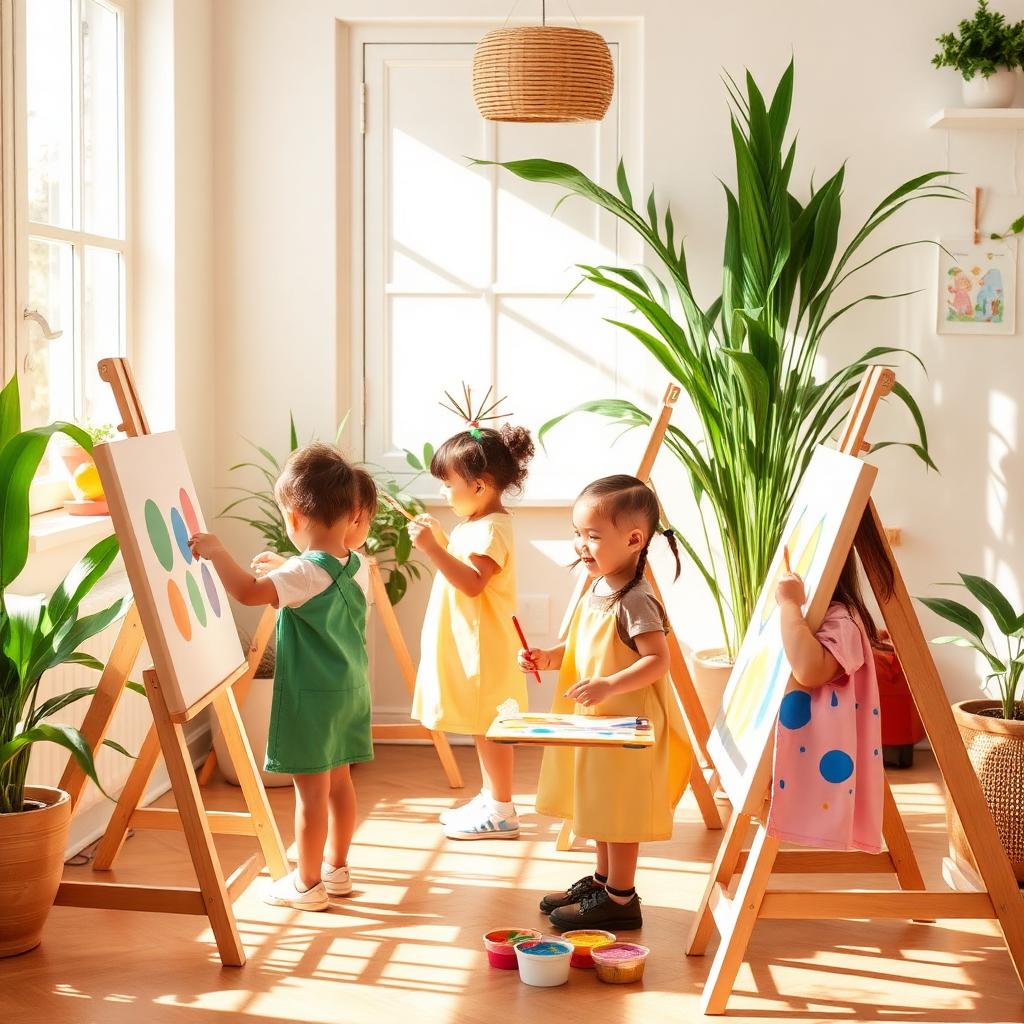 Preschool children painting at easels in the bright art corner