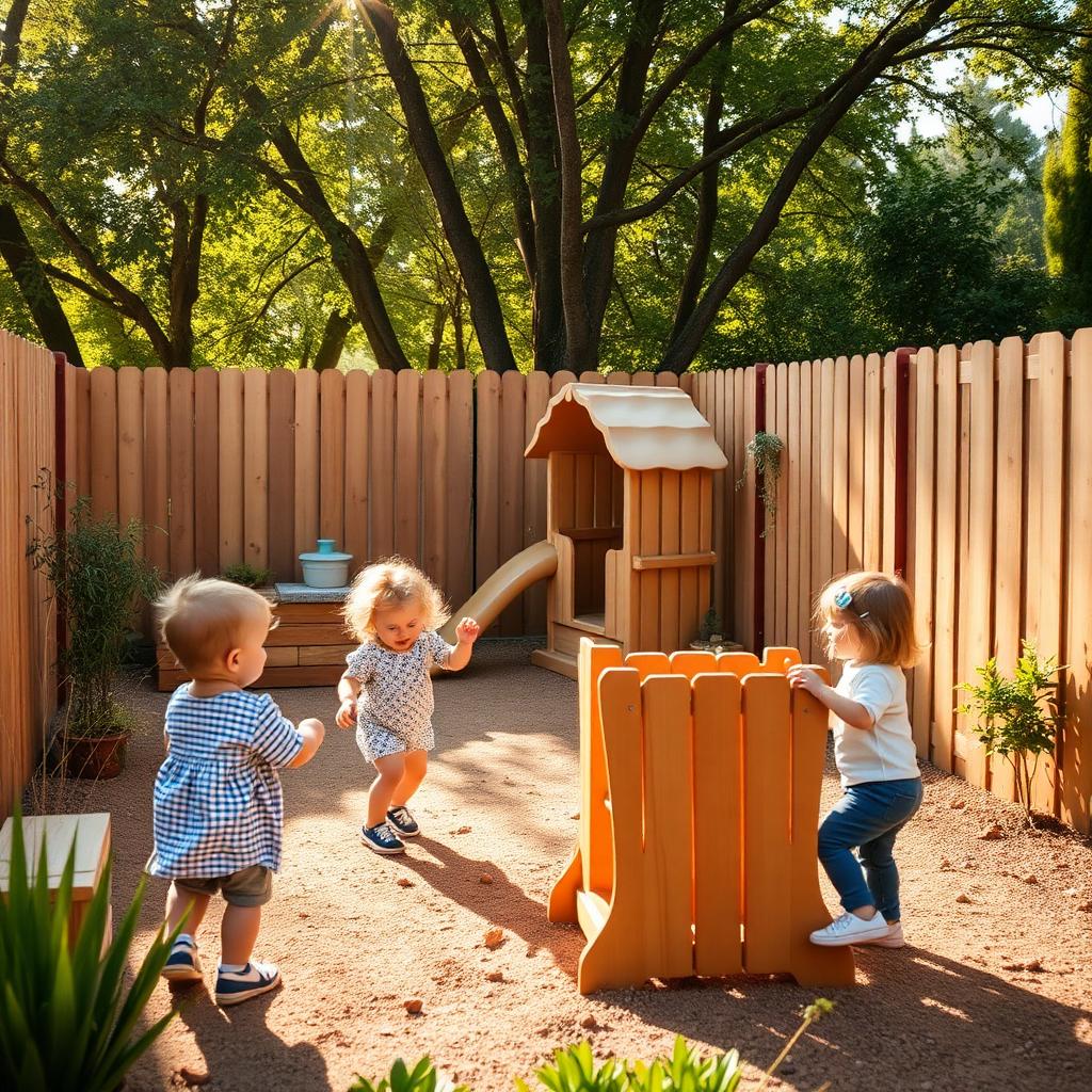 Toddlers playing outside in the fenced garden play area