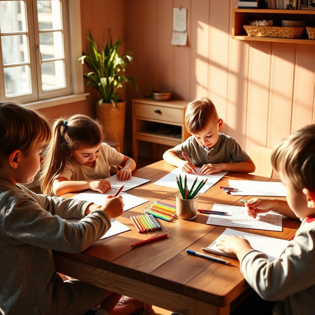 Elementary-age children doing homework and arts and crafts at a wooden farmhouse table