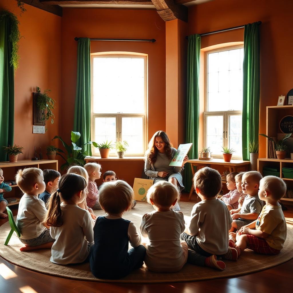 Preschoolers gathered around a bilingual teacher for story time in a warm sunlit classroom