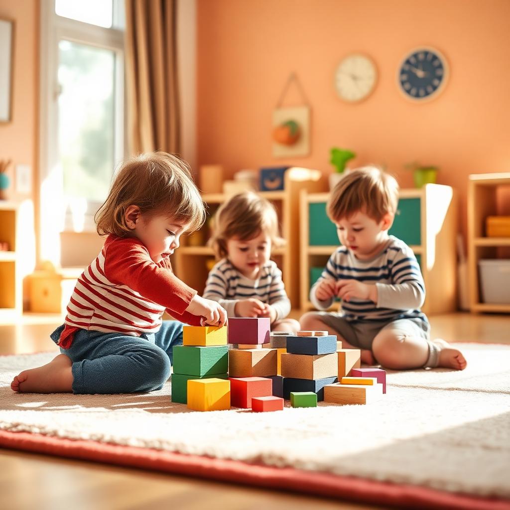Toddlers playing with colorful wooden blocks on a soft rug at Our Nation's Children daycare